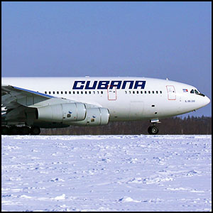 A Cubana Ilyushin Il-96-300 at Domodedovo International Airport by Dmitriy Pichugin [GNU Free Documentation License, Version 1.2 ], via https://commons.wikimedia.org/wiki/File:Cubana_Il-96-300_CU-T1254_DME_Feb_2009.png [cropped]