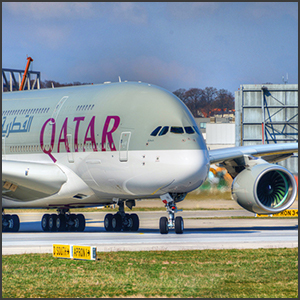 Qatar Airways - Airbus A380 by Glynn Lowe Photoworks [CC-BY-SA-2.0 (http://creativecommons.org/licenses/by-sa/2.0)], via Flickr https://flic.kr/p/mDLaXv [cropped and processed]